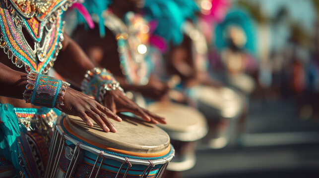 Junkanoo Festival Drummers in Colorful Costumes Performing Rhythmic Beats during Bahamian Carnival Parade Celebration