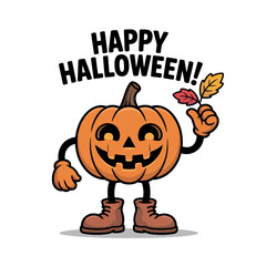 Happy halloween pumpkin, waving hand pose, friendly jack o lantern, simple white background, festive party sticker, vector illustration