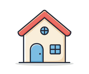Fototapeta premium Simple cartoon illustration of a house with a red roof and light beige walls.