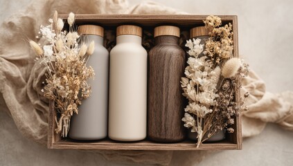 Four pastel-colored water bottles in a wooden box, adorned with dried flowers