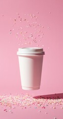 White coffee cup, levitating, surrounded by colorful sprinkles on a pink background