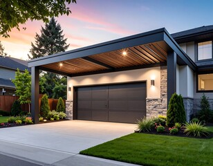 Modern home garage at sunset