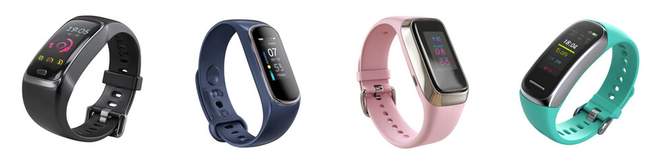 four stylish smart fitness wristbands in different colors on transparent background