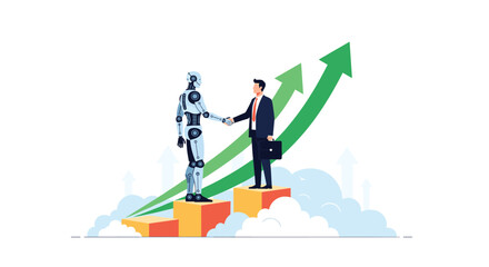 Human and artificial intelligence collaborate to achieve business growth and success together.