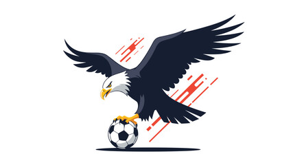 A majestic eagle landing on a soccer ball with abstract red lines in the background.