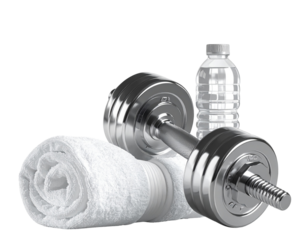 Gleaming Chrome Dumbbells with Sports Towel and Water Bottle, isolated on transparent background PNG
