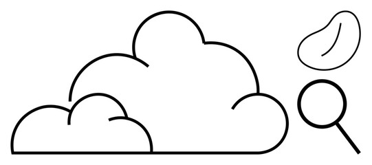 Large cloud shape with magnifying glass and abstract oval form. Ideal for technology, data storage, analysis, computing, innovation, research, and investigation concepts in simple flat metaphor