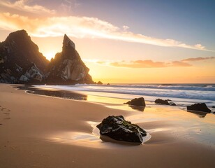 Golden sunset over a rocky beach