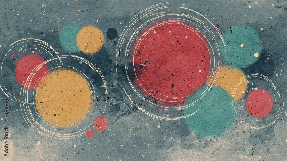 Poster abstract colorful circles and dots against textured blue background, creating a vibrant cosmic atmos