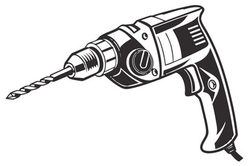 Vintage electric drill, black and white illustration, showing drill bit.