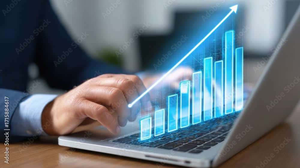 Poster a business professional reviews financial data on a laptop, with digital graphs and growth indicator