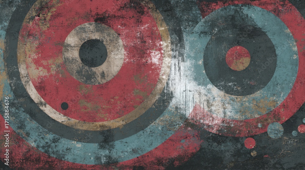 Poster Abstract circular design featuring textured layers in red, blue, and black colors showcasing distressed artistic patterns and retro vibes for modern spaces