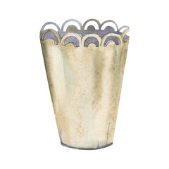 Metal flower cachepot with cut-out lace rim, shabby chic minimalist planter bucket. Single object isolated illustration hand drawn in watercolor. Home decor, plant pot cover, gardening accessories.