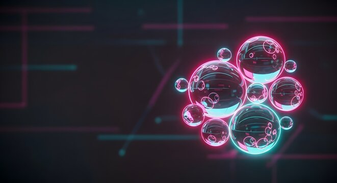 Abstract visualization of glowing interconnected bubbles in pink and cyan, representing molecular structures or data networks on a dark background.