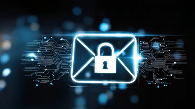 A digital representation of a secure email, featuring a locked envelope over a tech-inspired background