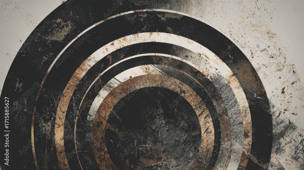 Poster abstract circular design featuring textured layers with a blend of dark and light tones, suitable fo
