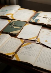 Obraz premium A collection of antique, open books, filled with handwritten notes and diagrams, arranged on a wooden surface, showcasing a glimpse into the past.