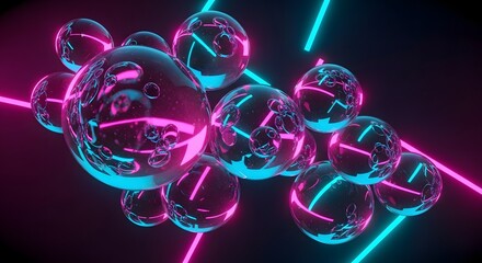 Abstract digital art featuring reflective spheres illuminated by vibrant neon lights against a dark background.