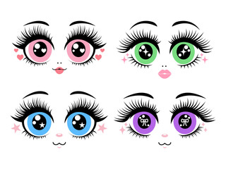 Set of cute cartoon doll eyes with long eyelashes and a variety of colors and expressions.