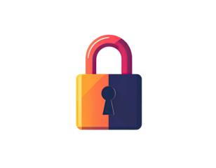 Flat, stylized padlock icon, orange and dark blue halves, keyhole, pixelated