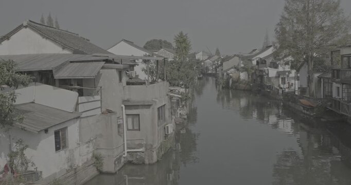 Charming waterfront houses along a tranquil canal showcasing vibrant nature. Zhujiajiao, Shanghai, China