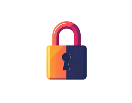 Flat, stylized padlock icon, orange and dark blue halves, keyhole, pixelated