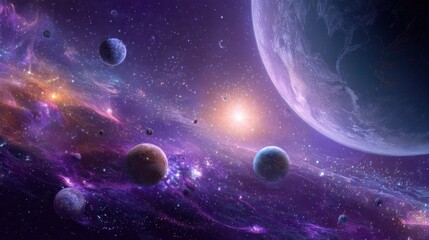 Colorful Cosmic Scene with Planets, Stars, and Nebulae in Vast Universe with Bright Light and Ethereal Clouds in Deep Space