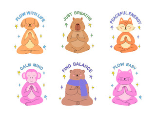 Collection of meditating cartoon animals with motivational yoga phrases.