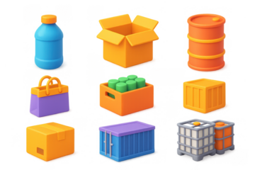 Vibrant 3d container icons illustration for packaging and design projects