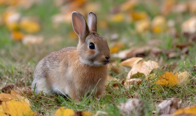 Fototapeta premium A wild rabbit in yellow grass during autumn