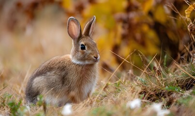 Fototapeta premium A wild rabbit in yellow grass during autumn