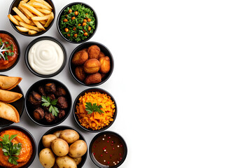 Variety of delicious dishes in black bowls arranged on a white surface for food concepts
