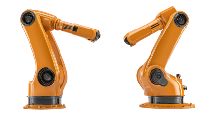 Two Orange Industrial Robots Facing Opposite Sides