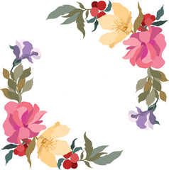 Floral wreath with pink, yellow, and purple blooms, green leaves, and red berries ideal for seasonal visuals, nature branding, or decorative digital content
