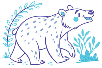 Cute White Walking Bear with Blue Spots Around Greenery 
