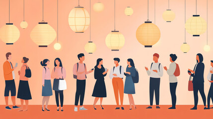 Diverse Group Socializing Beneath Hanging Lanterns in Minimalist Art Style