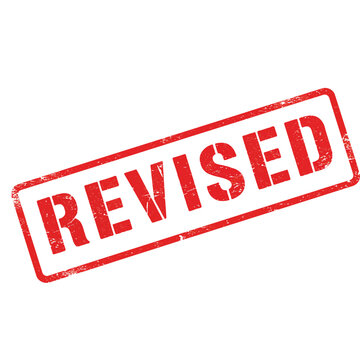 A distressed red stamp reading the word revised isolated on white background