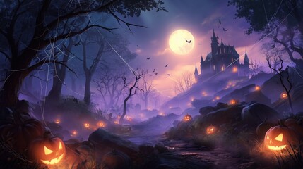 Spooky Halloween night scene with haunted hilltop castle, dozens of glowing jack-o-lanterns lighting foggy path, giant spider webs and flying bats under full moon.