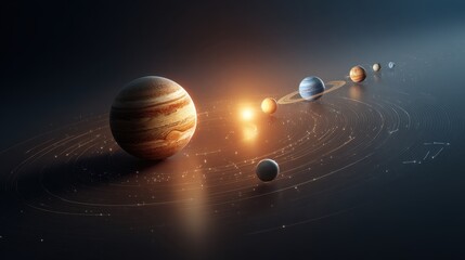 Stunning Solar System Representation Featuring Diverse Planets Orbiting a Brilliant Sun Amidst a Starry Cosmic Background