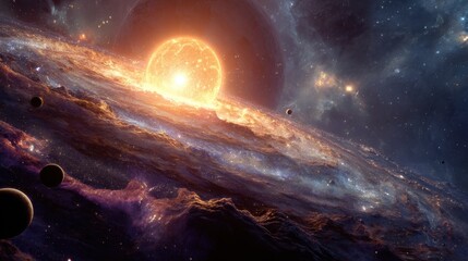 Stunning Cosmic Landscape Featuring a Bright Star Surrounded by Elegant Planets and Colorful Nebula in a Distant Galaxy