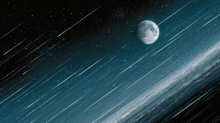 Surreal Night Sky with a Full Moon and Dynamic Meteor Shower Creating a Stunning Universe Scene Filled with Stars and Cosmic Beauty