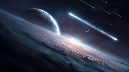 Stunning Cosmic Scene with Planets, Asteroids, and Bright Comet Tail Against a Dark Stardust Background in Deep Space Exploration