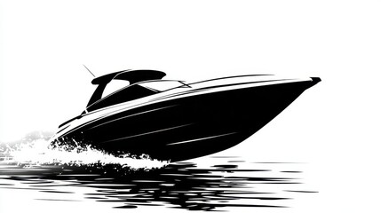 Sleek Black Motorboat Cutting Through Calm Waters in Monochrome Style Emphasizing Speed and Elegance with Gentle Waves and Reflection Below