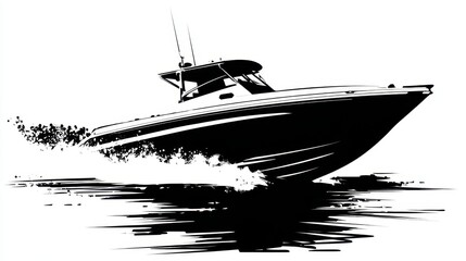 High-Speed Motorboat Skimming Across Water Surface with White Foam and Splash Against a Simple Background in Bold Black and White Design