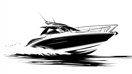 Sleek and Modern Powerboat Illustration in Monochrome Style Capturing Speed and Elegance on Water with Dynamic Motion Effects