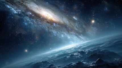 Stunning view of the Milky Way galaxy over a distant planet's surface with dramatic landscapes and twinkling stars in a cosmic night sky