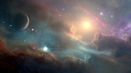 Stunning cosmic landscape featuring colorful nebula, distant planets, and bright stars in a vast, ethereal universe ambiance of wonder and exploration