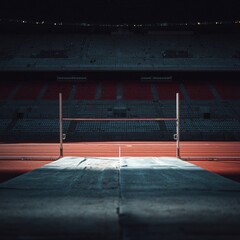 Empty Sports Stadium with Track and Goalposts under Bright Lights