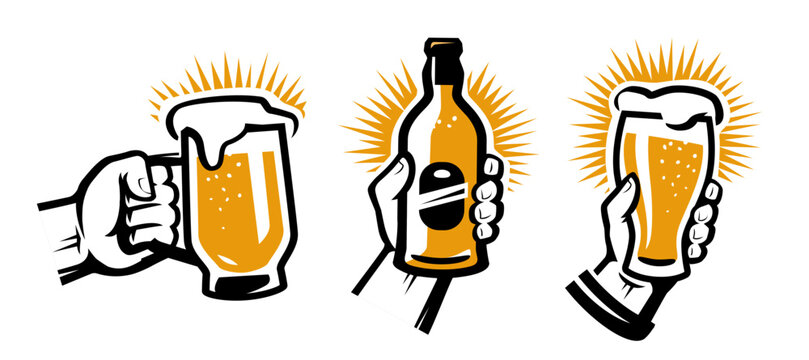 Hand holding with beer glass, bottle. Set of emblems, symbols for Oktoberfest festival, menu in bars, restaurants