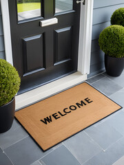 Welcome doormat placed outside house entrance door. Brown natural coir doormat with the word Welcome printed on it, positioned near modern glass entrance door